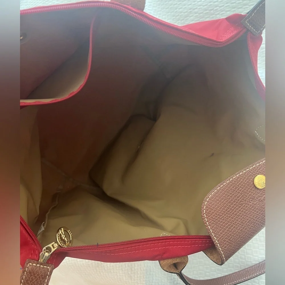 Longchamp Nylon Tote in Red with Brown Trim